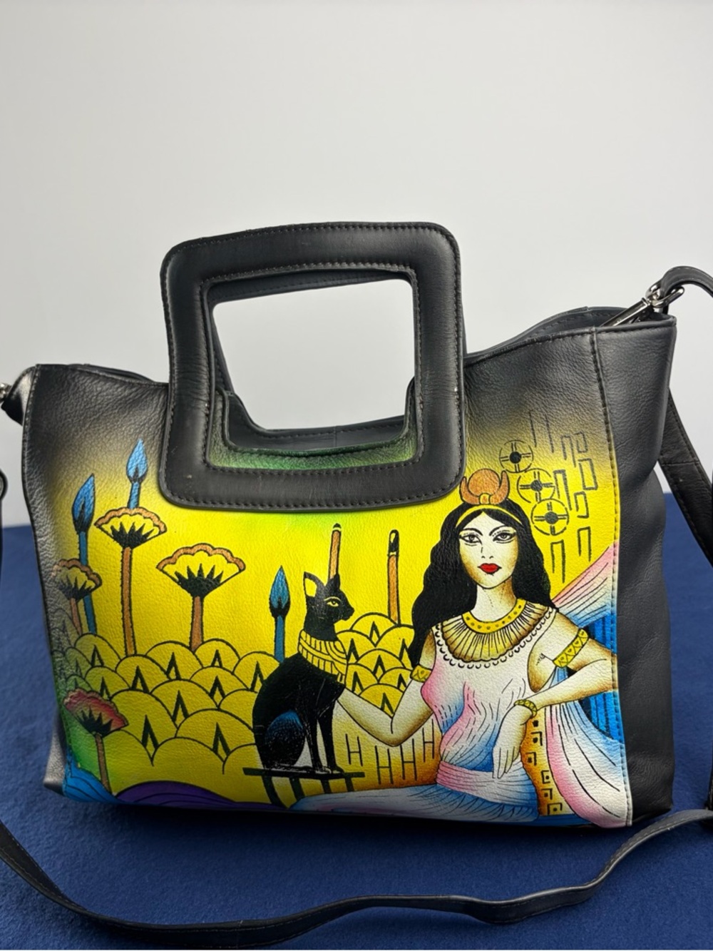 Sukriti Hand-Painted Leather Bag with Egyptian inspired Motif Made in India - Picture 2 of 10